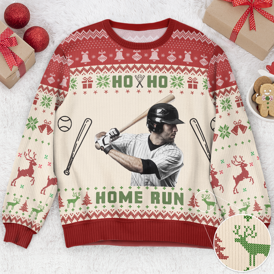 Baseball-Ho-Ho-Home-Run-Personalized-Photo-Ugly-Sweater_1.png Baseball Ho Ho Home Run - Personalized Photo Ugly Sweater - Image 1