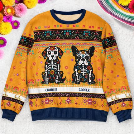 Day Of The Dead Dog Cat Hispanic Mexican Flowers - Personalized Ugly Sweater