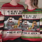 Ho Ho Holy Sh I Need A Beer, Bourbon, Wine & My Wife - Personalized Ugly Sweater - Image 2