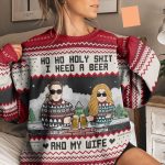 Ho Ho Holy Sh I Need A Beer, Bourbon, Wine & My Wife - Personalized Ugly Sweater - Image 4