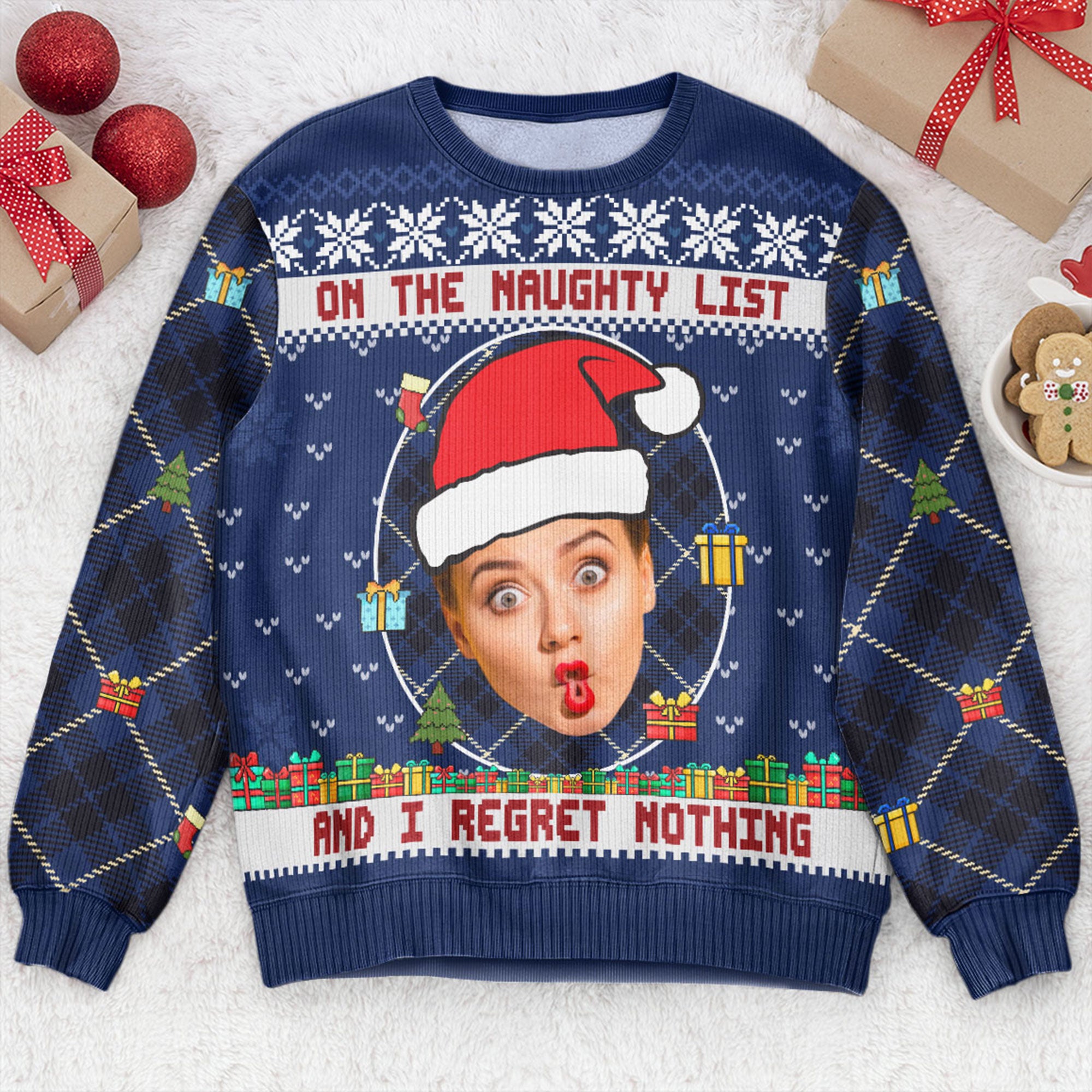 On-The-Naughty-List-And-I-Regret-Nothing-Personalized-Photo-Ugly-Sweater_1.jpg On The Naughty List And I Regret Nothing - Personalized Photo Ugly Sweater - Image 1